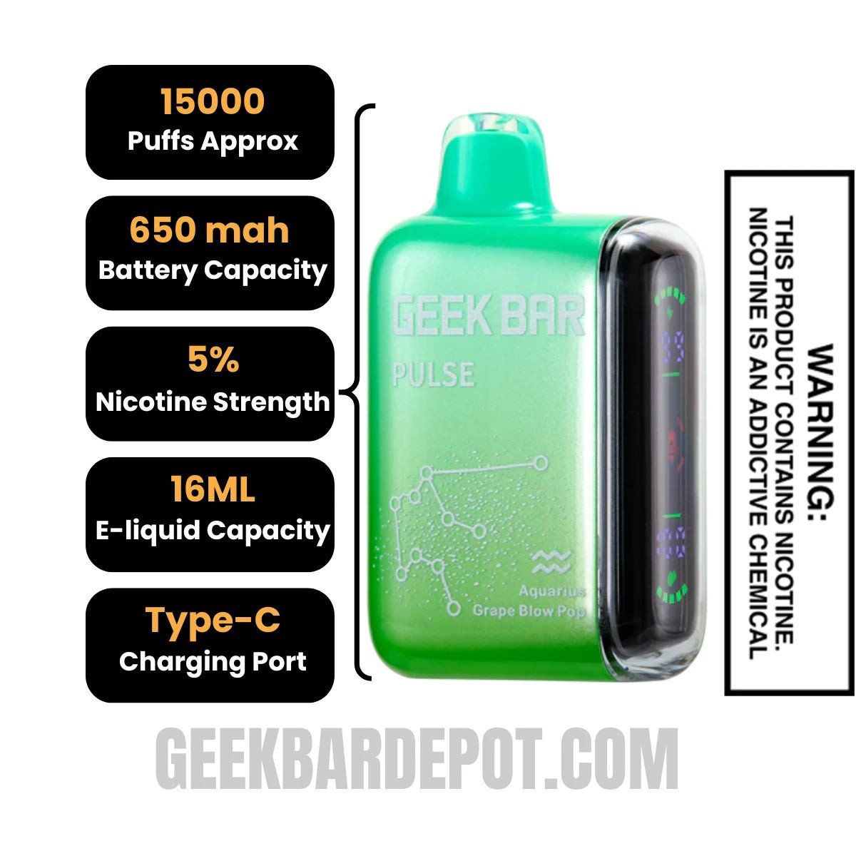 Aquarius Grape Blow Pop Geek Bar Pulse Vape Specifications