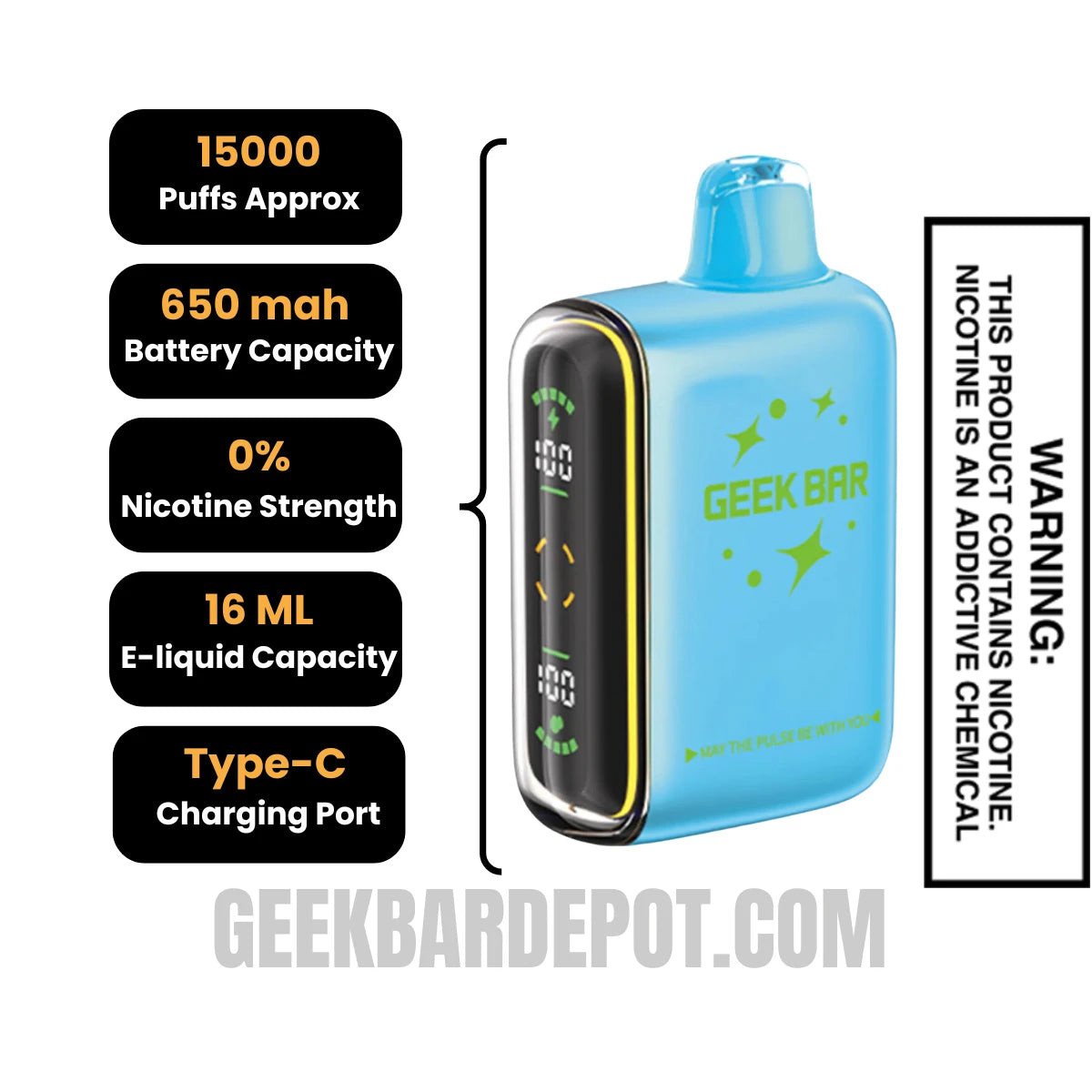 Blue Razz Ice Geek Bar Pulse Zero Nicotine Disposable Vape specifications