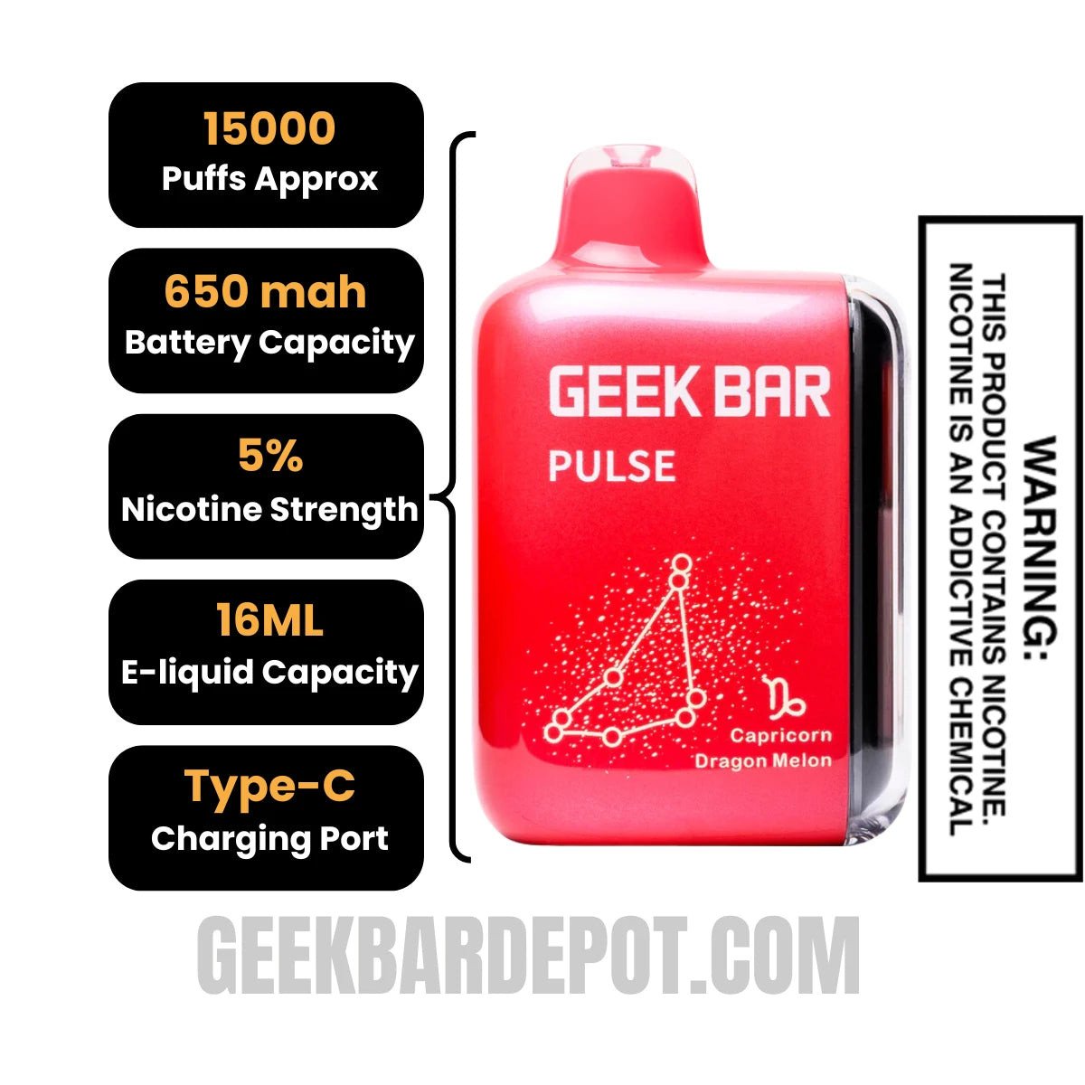 Dragon Melon Geek Bar Pulse Vape (Capricorn) Specifications