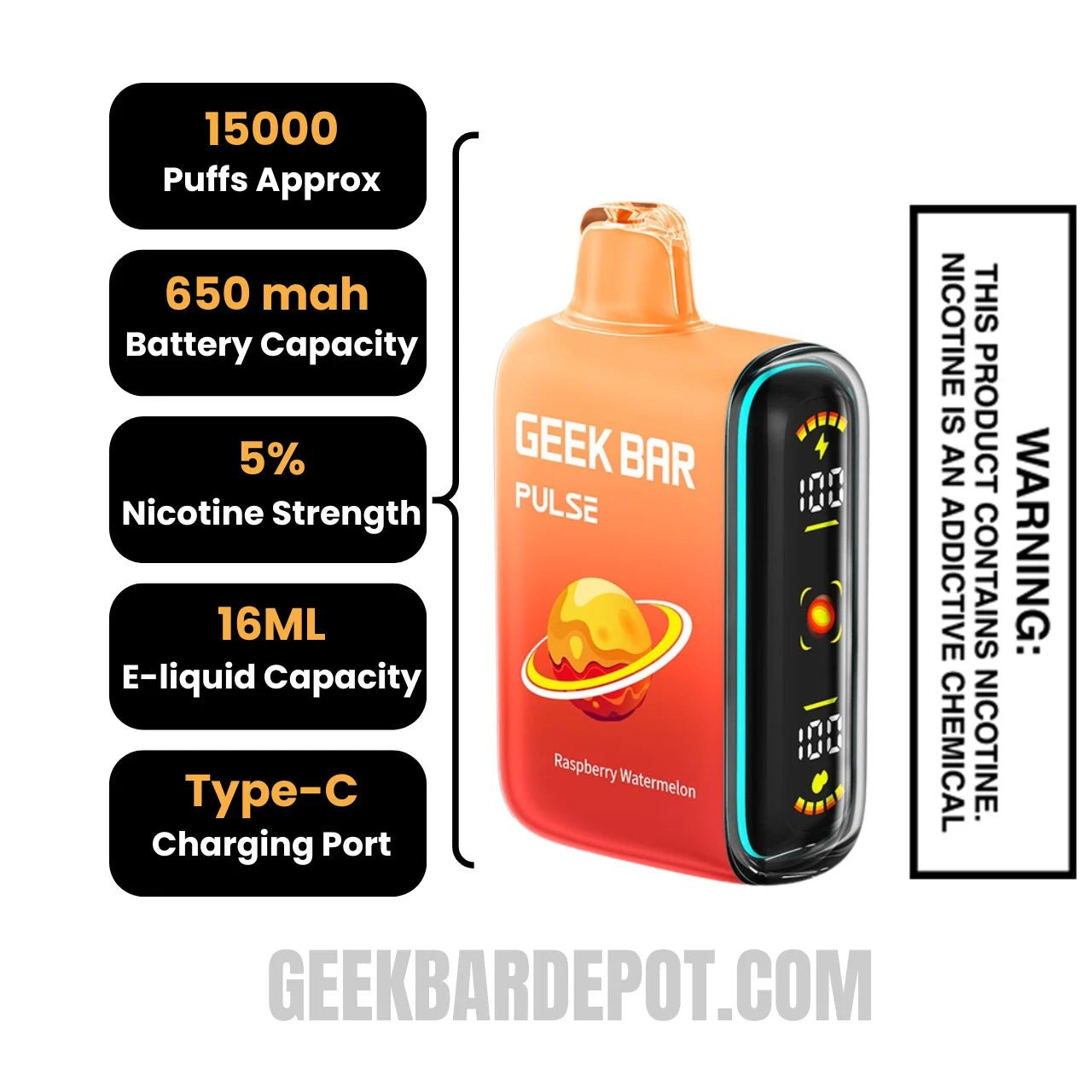 Raspberry Watermelon Geek Bar Pulse Disposable Vape Specifications