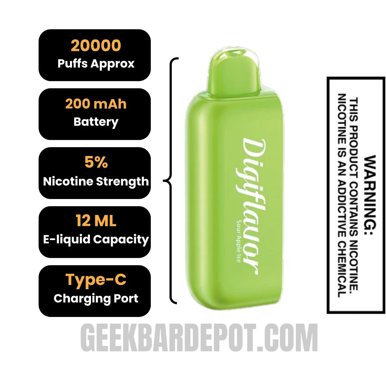 SourAppleIceDigiflavorBRK20KPODDisposableVapeSpecifications