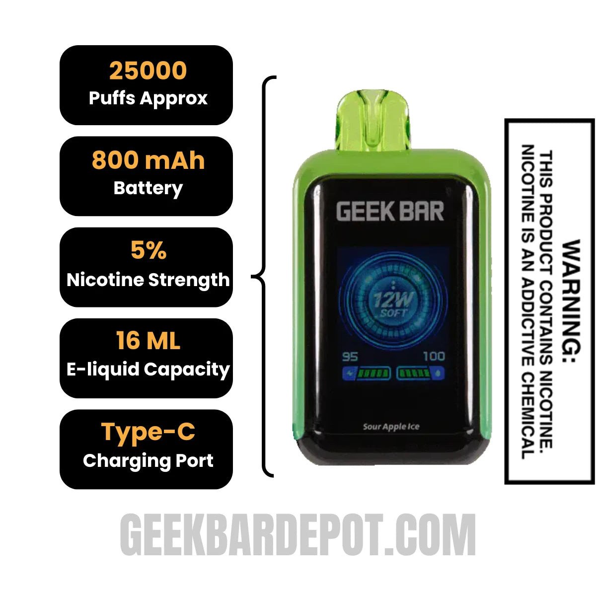Sour Apple Ice Geek Bar Skyview Disposable Vape Specifications