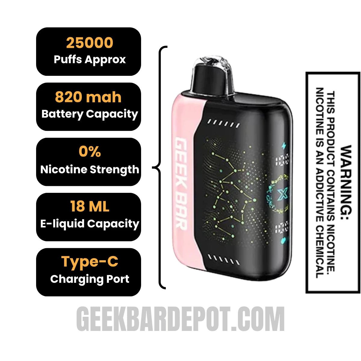 Strawberry B-Pop Geek Bar Pulse X Zero Nicotine Disposable Vape Specifications