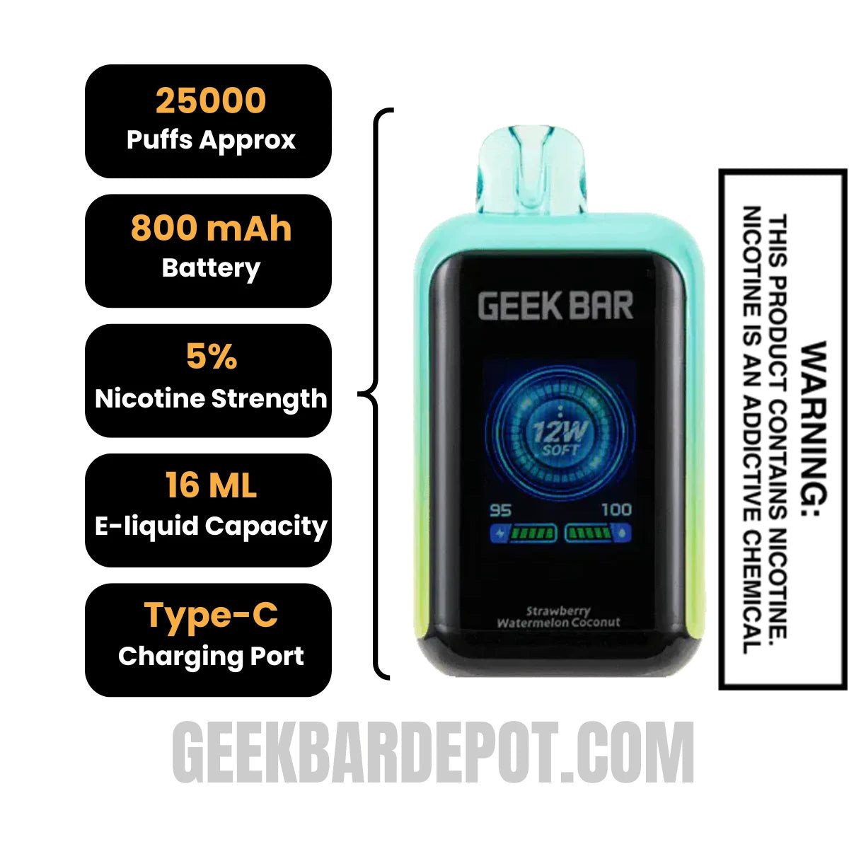 Strawberry Watermelon Coconut Geek Bar Skyview Disposable Vape Specifications
