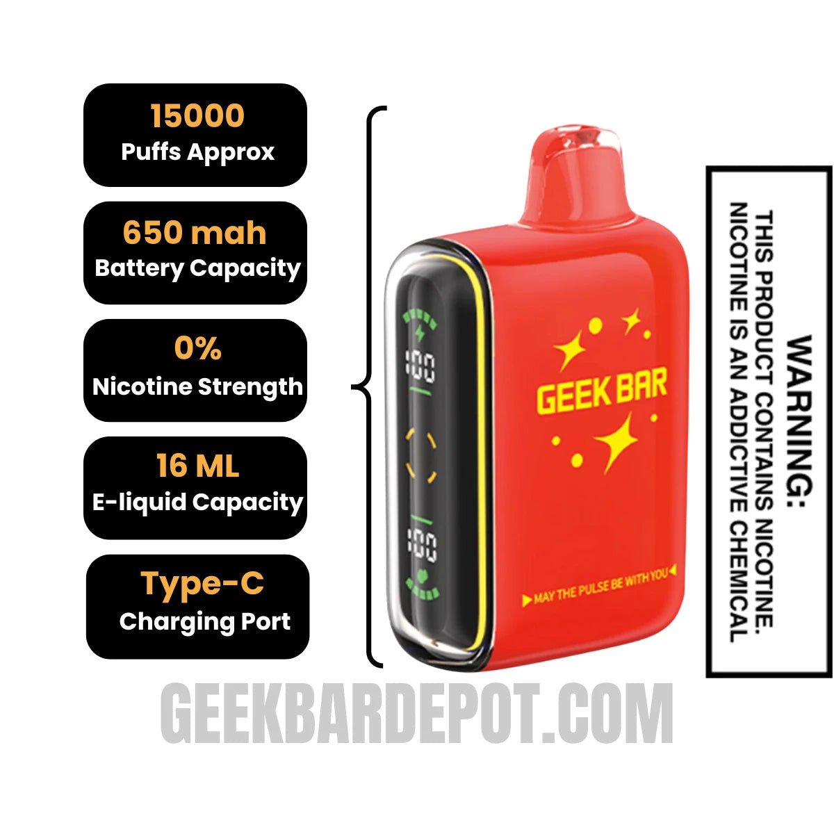 Watermelon Ice Geek Bar Pulse Zero Nicotine Disposable Vape specifications