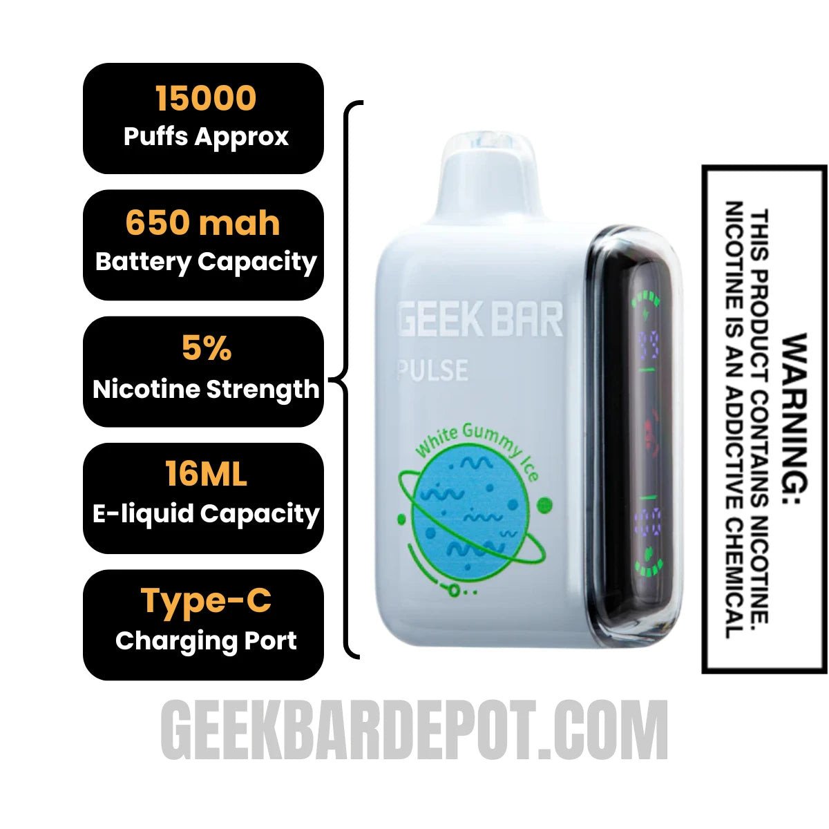 White Gummy Ice Geek Bar Pulse Disposable Vape Specification